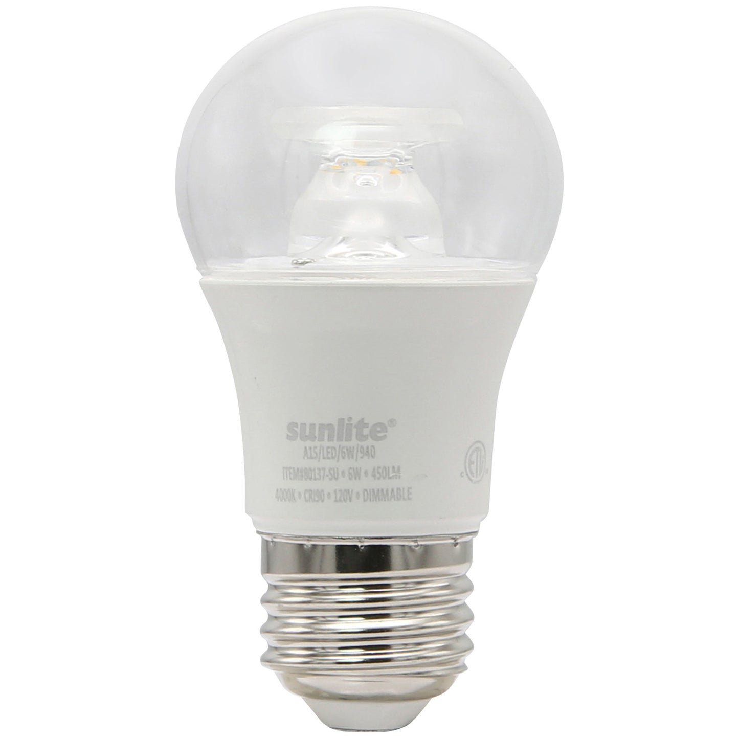 Sunlite LED A15 Appliance Clear Light Bulb, 6 Watts (40W Equivalent), 450 Lumens, Medium Base (E26), 90 CRI, Dimmable, ETL Listed, Ceiling Fan, 4000K Cool White, 6 Count