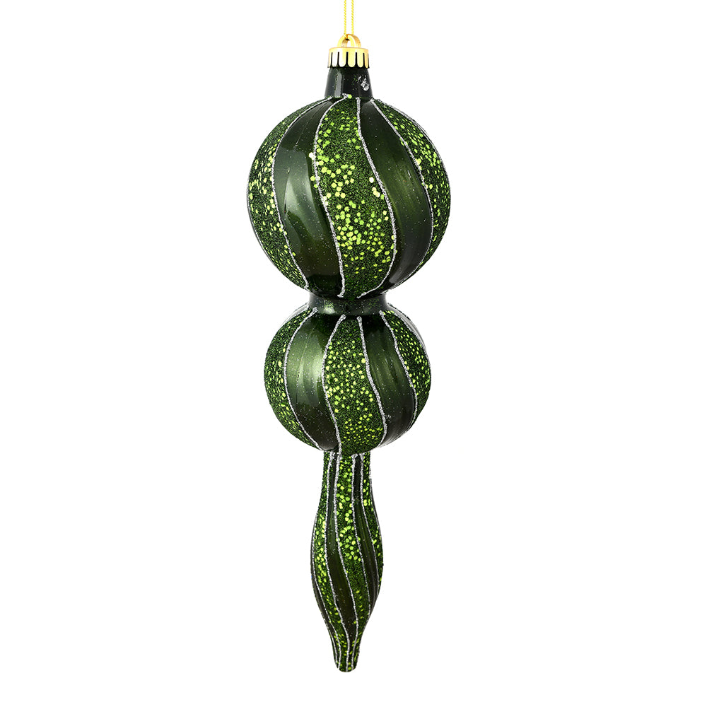 Vickerman 16.5" Moss Green Candy Glitter Finial. Create a beautiful holiday arrangement with this large Candy finial that features glitter accents. Made with shatterproof plastic. Ornament has a drilled cap secured with green floral wire.