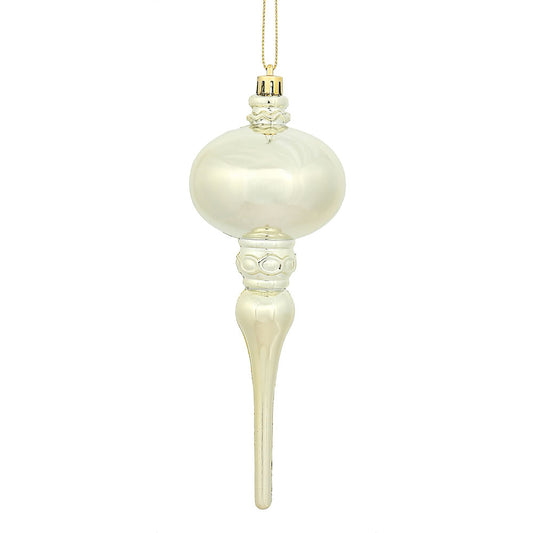 8" x 2.75" Champagne Shiny Finial Ornament with drilled and wired caps. Comes 3 per Bag.