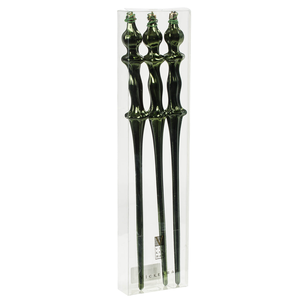 Vickerman 15.7" Moss Green Shiny Icicle Ornament with drilled and wired caps. Comes 3 per Box.