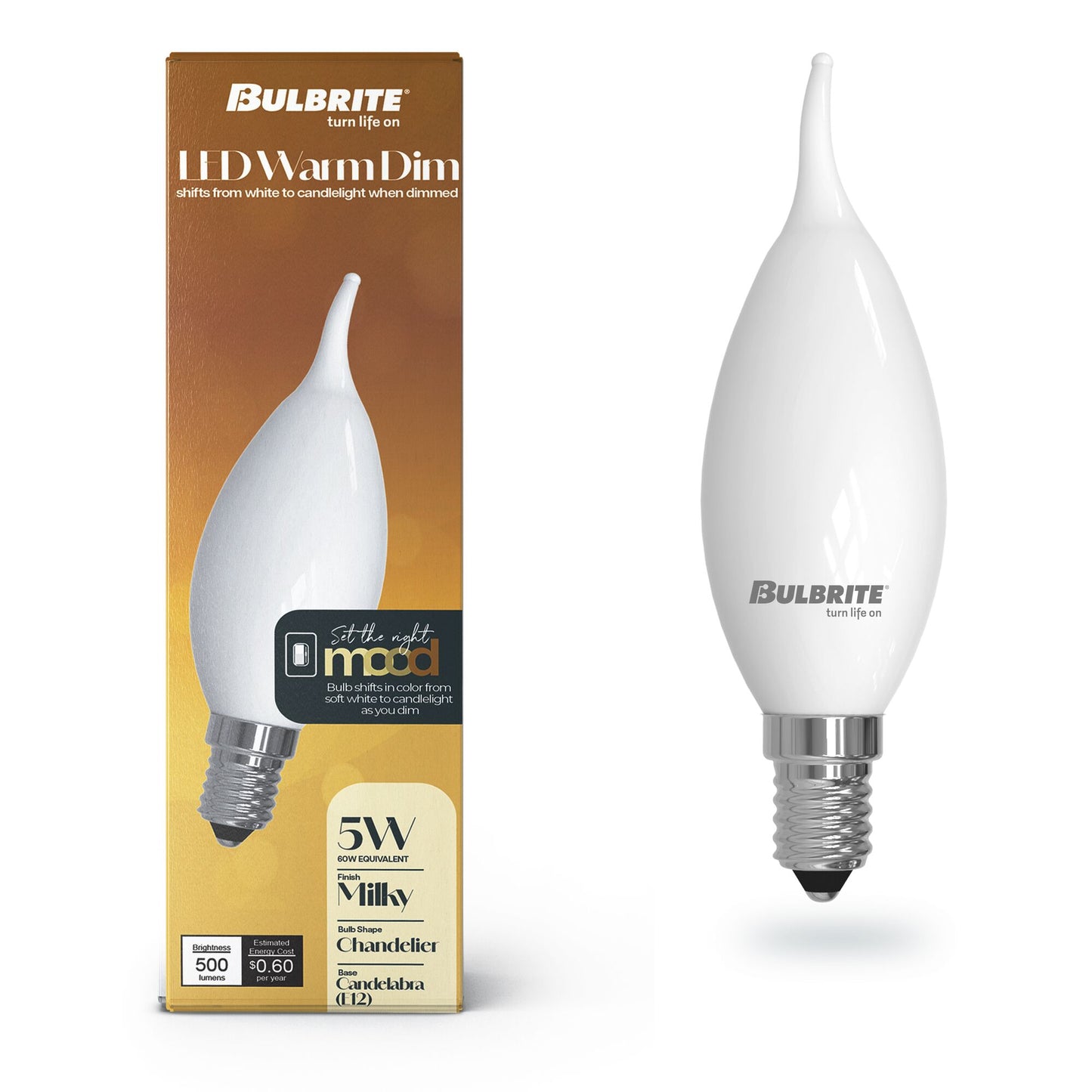 Bulbrite 776402 5W LED CA10 3000K - 1800K FILAMENT MILKY WARM DIM E12