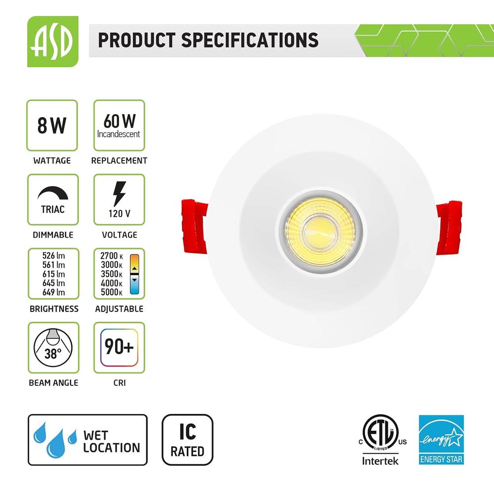 ASD Lighting LED Downlight Round 2inch 8W 120V Triac 2700/3000/3500/4000/5000K White ETL Energy Star