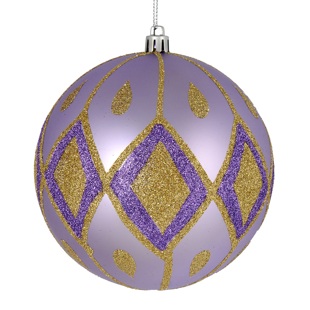 Vickerman 4" Lavender Matte Ball with Glitter Diamond Pattern. Add variety and sparkle to your holiday arrangement with this matte ornament that features a glitter pattern. Includes 4 pieces per bag. Made with shatterproof plastic. Ornament has a drilled