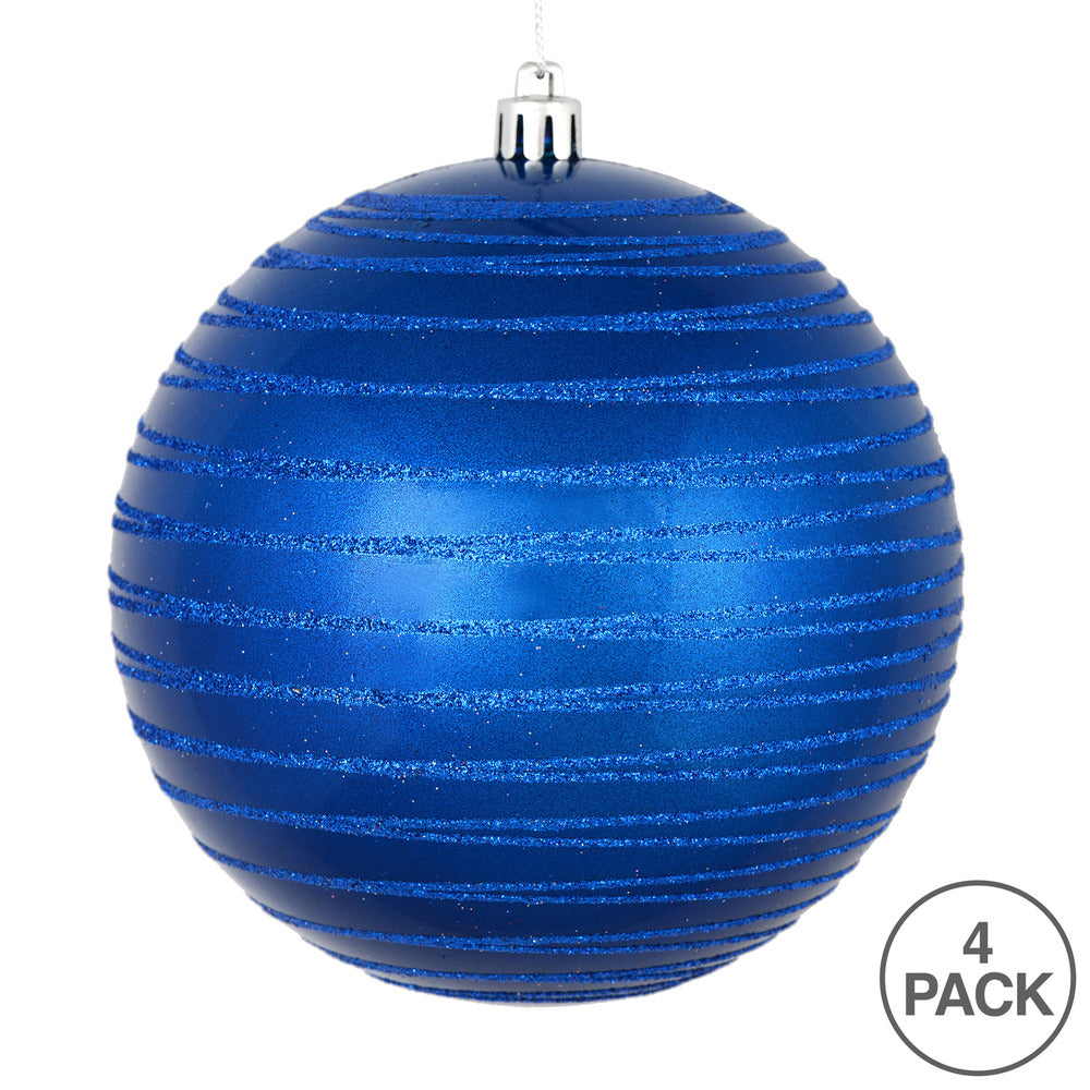 Vickerman 4.75" Blue Candy Finish Ball Ornament with Glitter Lines 4 per Bag