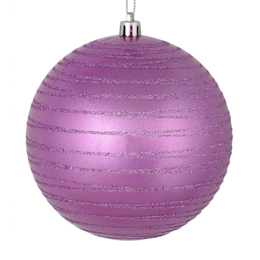 Vickerman 3" Orchid Candy Finish Ball with Glitter Lines. Add some sparkle to your holiday decorating project with this candy finish ornament that features a glitter line pattern. Includes 6 pieces per bag. Made with shatterproof plastic. Ornament has a d