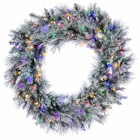 Vickerman 36" Flocked Jackson Pine Artificial Pre-Lit Wreath with 100 Multi-Colored Lights and 195 PVC Tips