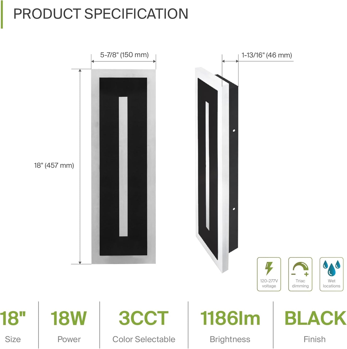 ASD Lighting LED Outdoor Wall Sconce with Center Light 18" 18W 120-277V CCT Selectable 3000/4000/5000K Dimmable Black ETL