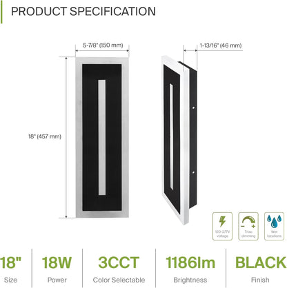ASD Lighting LED Outdoor Wall Sconce with Center Light 18" 18W 120-277V CCT Selectable 3000/4000/5000K Dimmable Black ETL