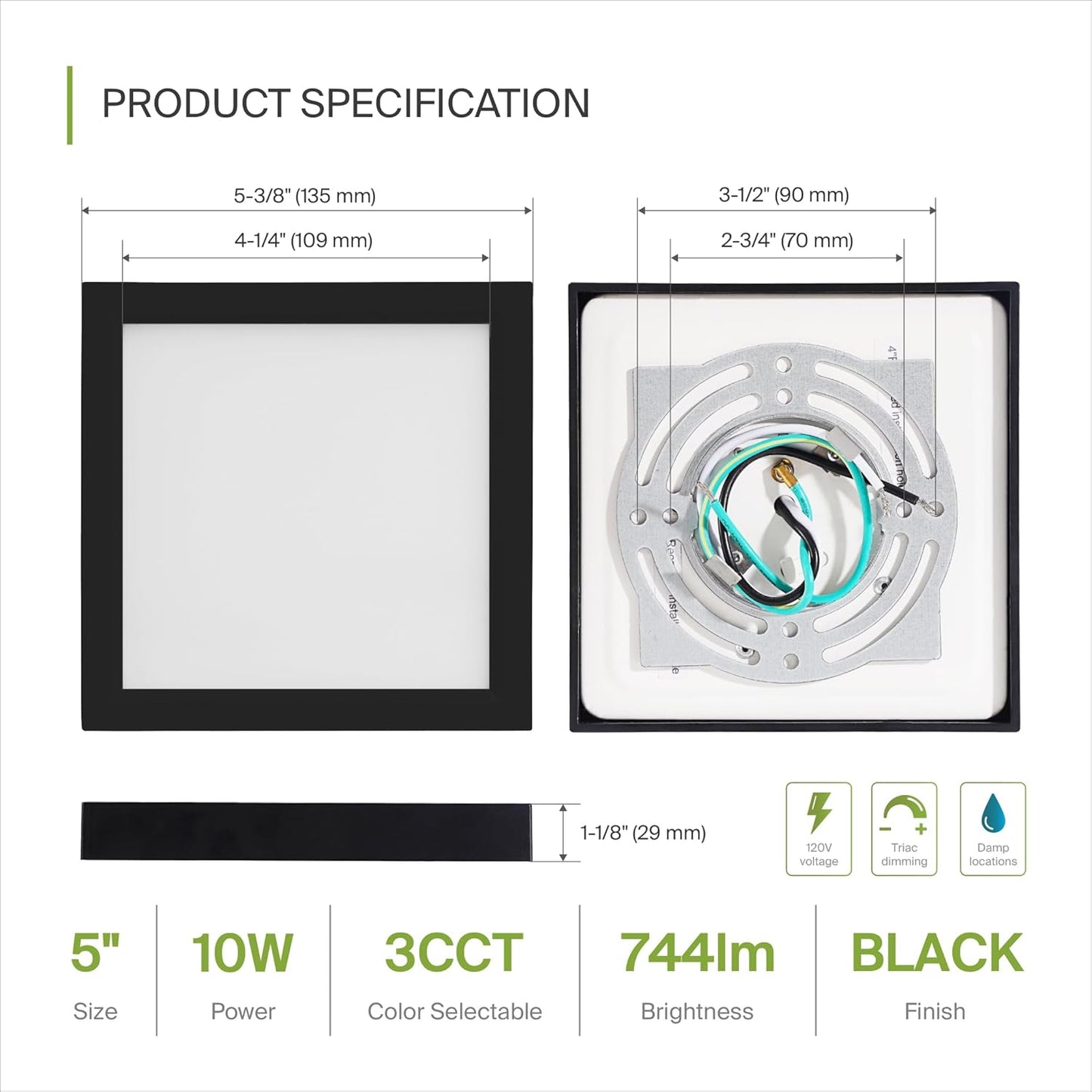 ASD Lighting LED Surface Mini Panel Square 5inch 10W 120V Triac 3000/4000/5000K Black ETL 6 pack