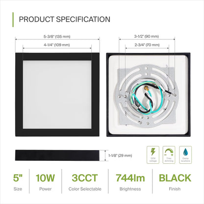ASD Lighting LED Surface Mini Panel Square 5inch 10W 120V Triac 3000/4000/5000K Black ETL 6 pack