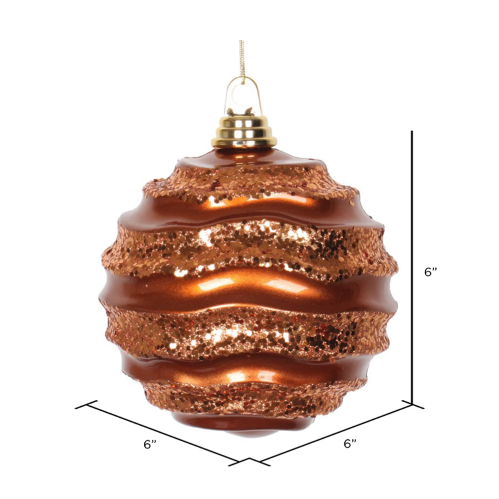 Vickerman 6" Copper Stripe Candy Finish Wave Ball Christmas Ornament with matching Glitter Accents