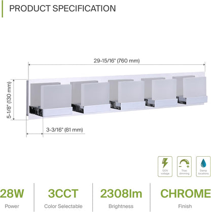 ASD Lighting LED Vanity 5-light 28W 120V CCT Selectable 3000/4000/5000K Dimmable Chrome ETL