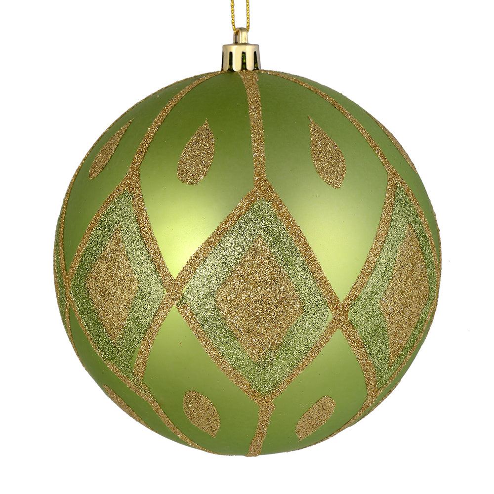 Vickerman 4" Celadon Matte Ball with Glitter Diamond Pattern. Add variety and sparkle to your holiday arrangement with this matte ornament that features a glitter pattern. Includes 4 pieces per bag. Made with shatterproof plastic. Ornament has a drilled c