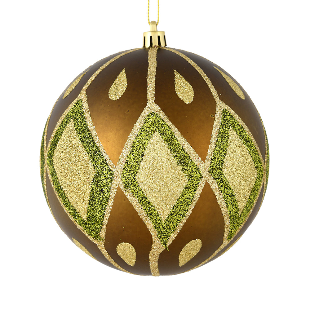 Vickerman 4" Olive Matte Ball with Glitter Diamond Pattern. Add variety and sparkle to your holiday arrangement with this matte ornament that features a glitter pattern. Includes 4 pieces per bag. Made with shatterproof plastic. Ornament has a drilled cap