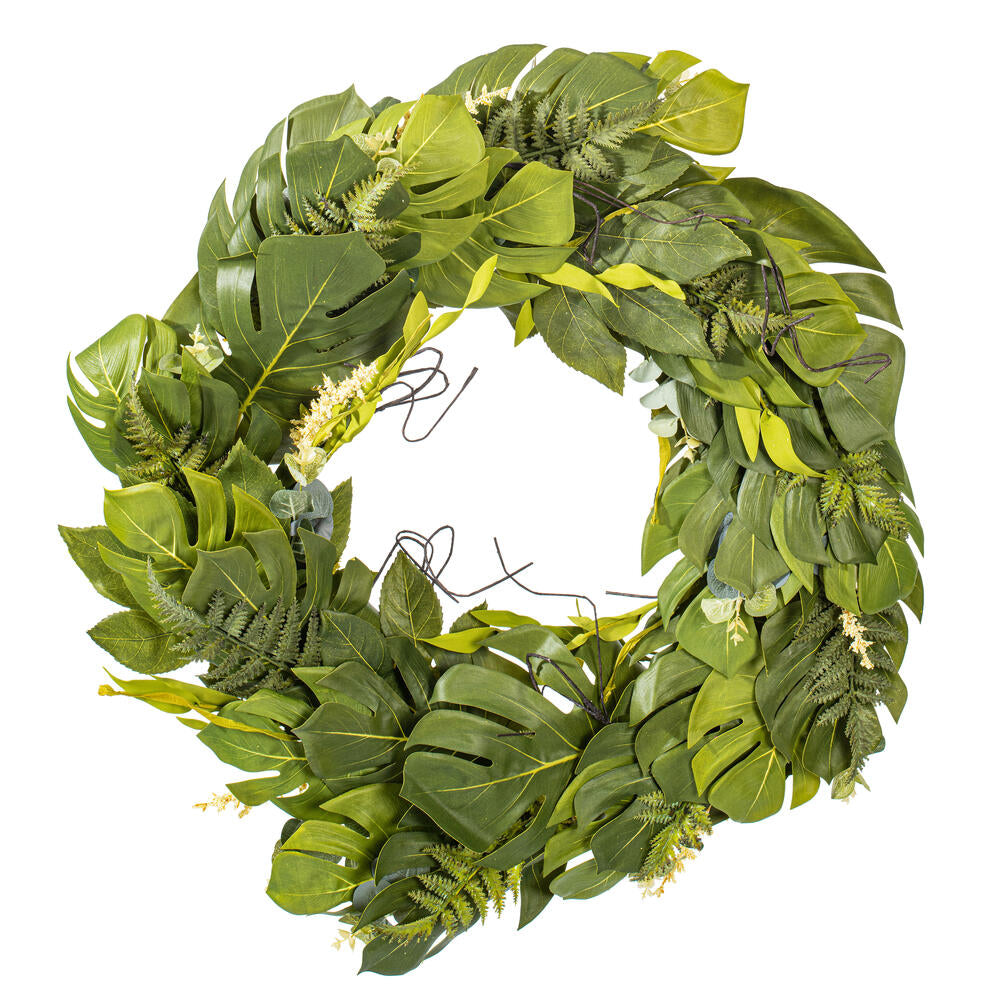 Vickerman 32" Artificial Green Mixed Jungle Foliage Wreath. Combination of leaves.