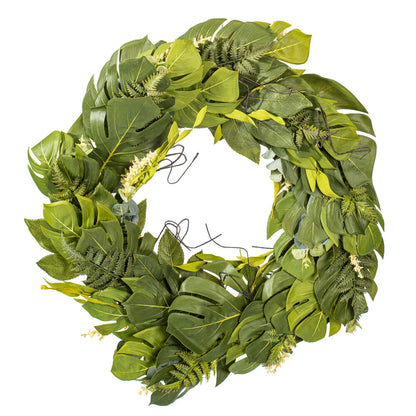 Vickerman 32" Artificial Green Mixed Jungle Foliage Wreath. Combination of leaves.