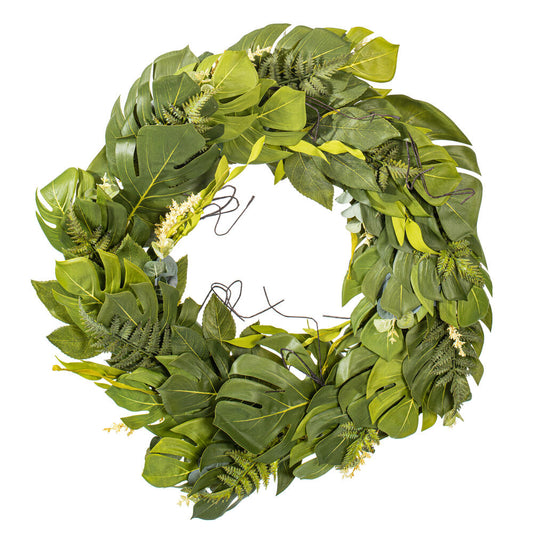 Vickerman 32" Artificial Green Mixed Jungle Foliage Wreath. Combination of leaves.