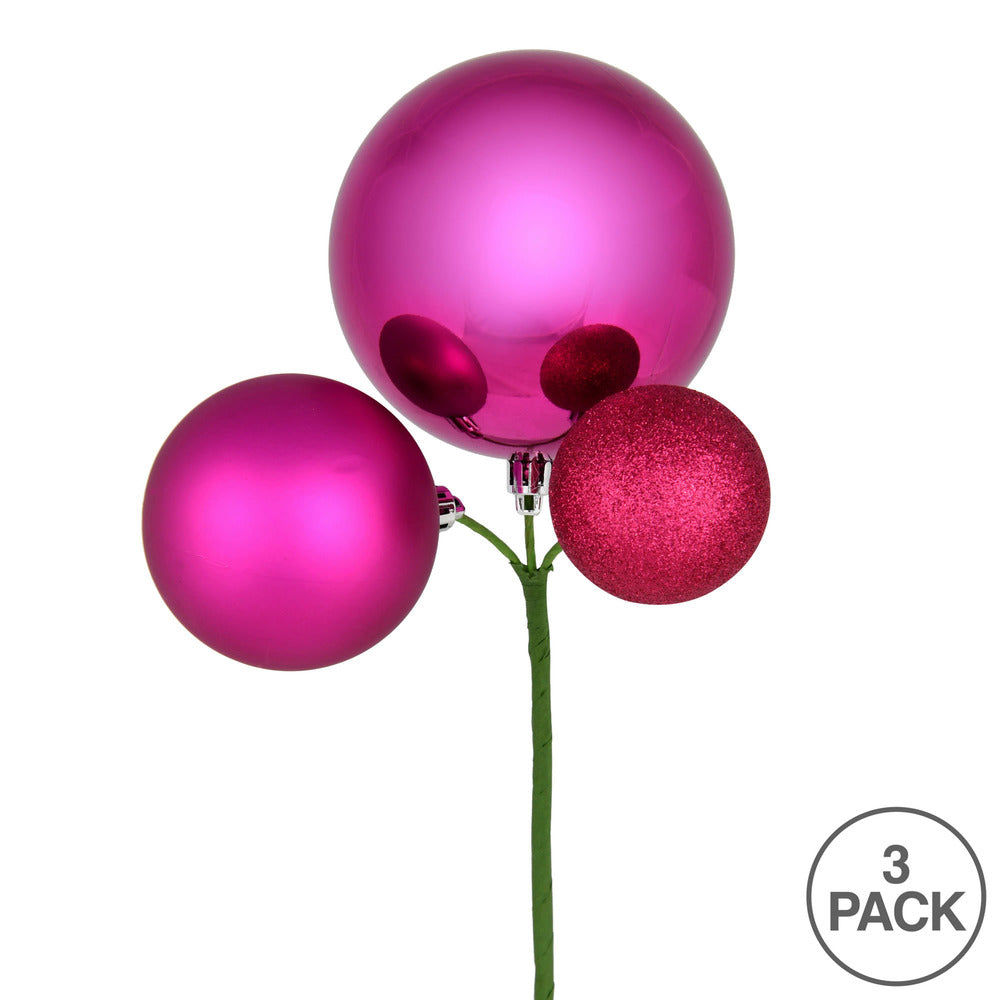 Vickerman 18" Fuchsia Ball Ornament Christmas Pick Set of 3