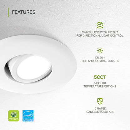 ASD Lighting LED Round Recessed Mini Panel Gimbal 3" 6W 120V Dimmable CCT Selectable 2700/3000/3500/4000/5000K White UL Energy Star 6pack