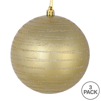 Vickerman 6" Champagne Candy Finish Ball Ornament with Glitter Lines 3 per Bag