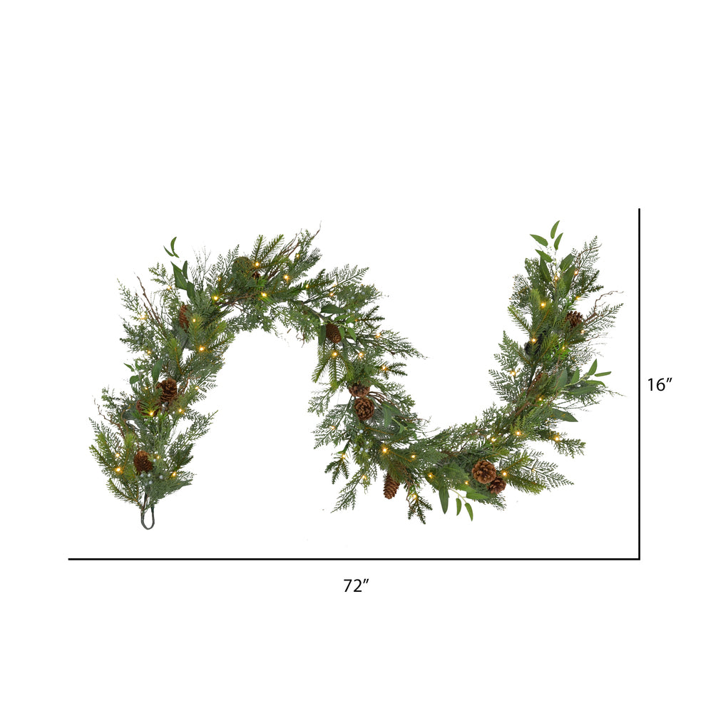 Vickerman 6' x 16" Cedar Pine Cone Twig Artificial Christmas Garland Battery Operated Warm White Lights