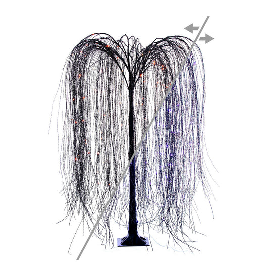 Vickerman 4' x 35" Black Willow Twig Artificial Pre-Lit Halloween Tree with 170 Purple and Orange LED Dot Lights. It measures 48 inches tall, and 35 inches wide, with the branches shaped about parallel to the floor. Pre-lit with 170 Dot LED Lights, the li