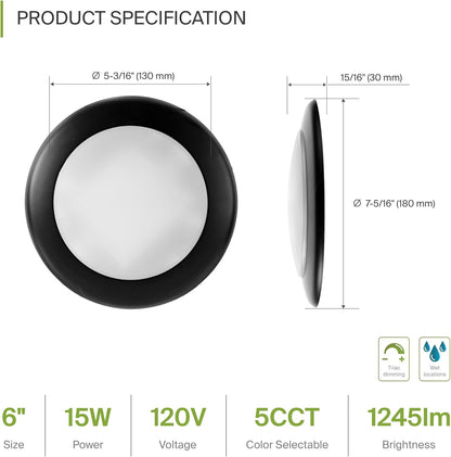 ASD Lighting LED Disk Light 6inch 15W 120V Triac 2700/3000/3500/4000/5000K Black UL