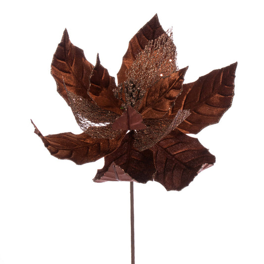 Vickerman 11" Mocha Velvet and Glitter Mesh Poinsettia Flower on Stem 6 per bag.