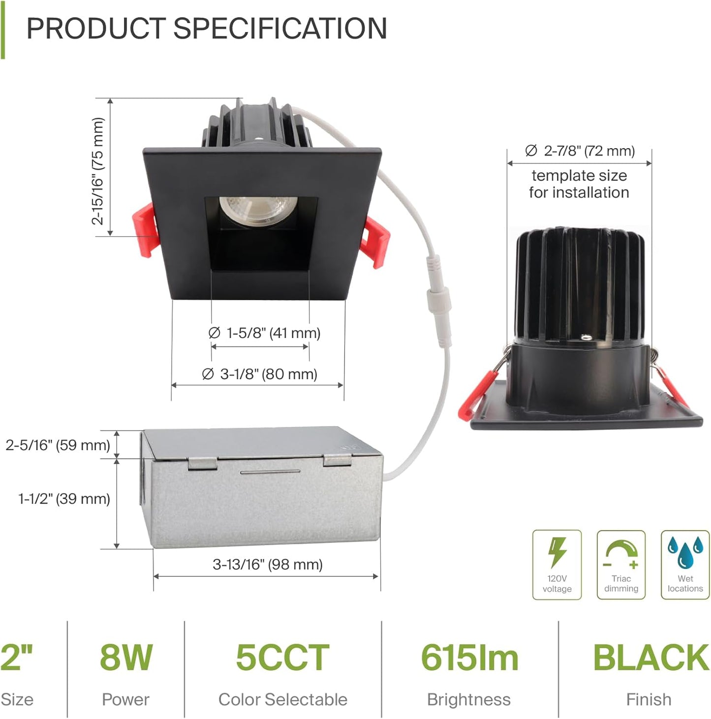ASD Lighting LED Downlight Square 2inch 8W 120V Triac 2700/3000/3500/4000/5000K Black ETL Energy Star