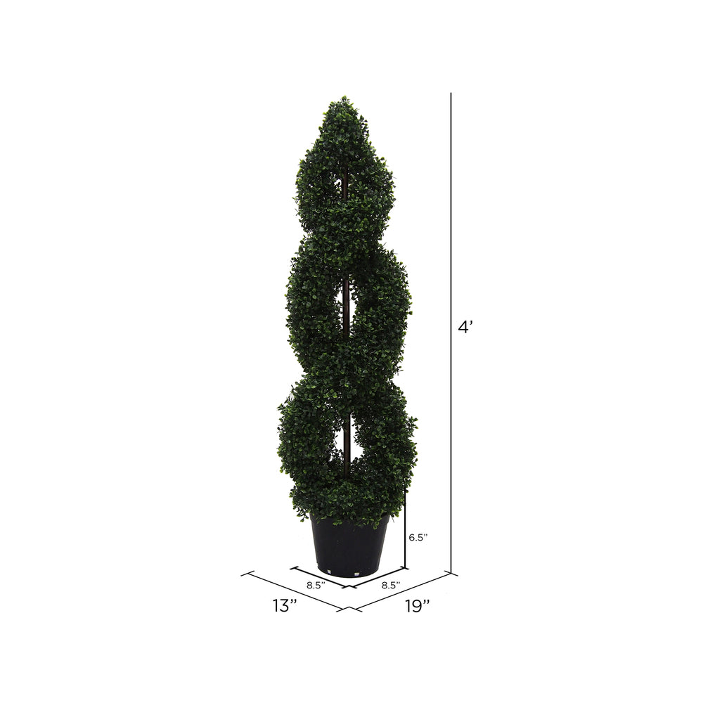 Vickerman 4' Artificial Green Boxwood Double Spiral Topiary Black Plastic Pot.