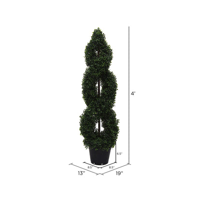 Vickerman 4' Artificial Green Boxwood Double Spiral Topiary Black Plastic Pot.