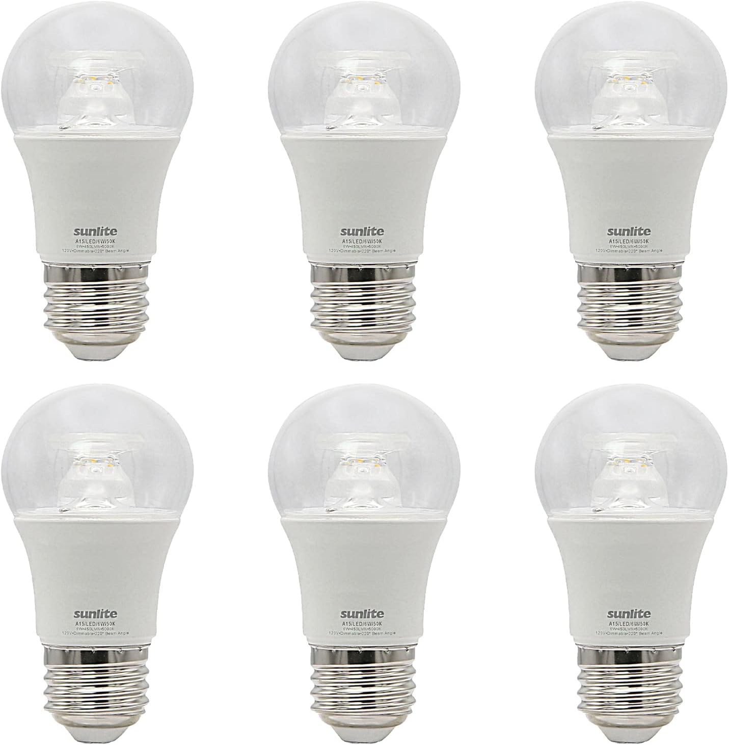 Sunlite LED A15 Appliance Clear Light Bulb, 6 Watts (40W Equivalent), 450 Lumens, Medium Base (E26), 90 CRI, Dimmable, ETL Listed, Ceiling Fan, 5000K Daylight, 6 Count