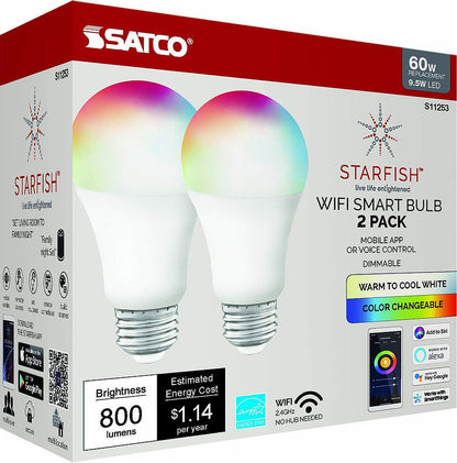 Starfish A19 WiFi Smart LED, 9.5 Watt, RGBW & Tunable White Light Bulb