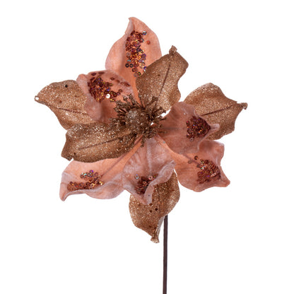 Vickerman 15" Artificial Rose Gold Deluxe Magnolia Christmas Stem 8" Flower 6 per bag