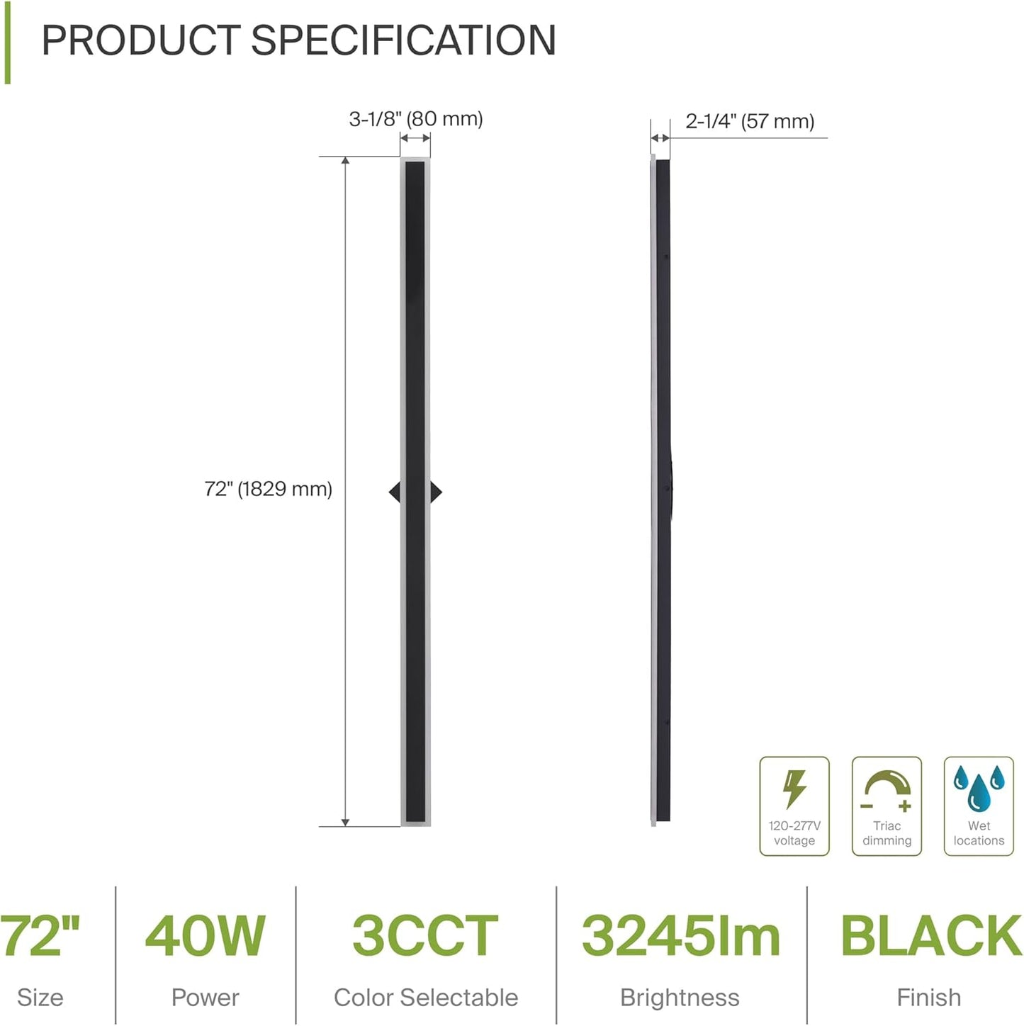 ASD Lighting LED Outdoor Wall Sconce Narrow design 72" 40W 120-277V CCT Selectable 3000/4000/5000K Dimmable Black ETL