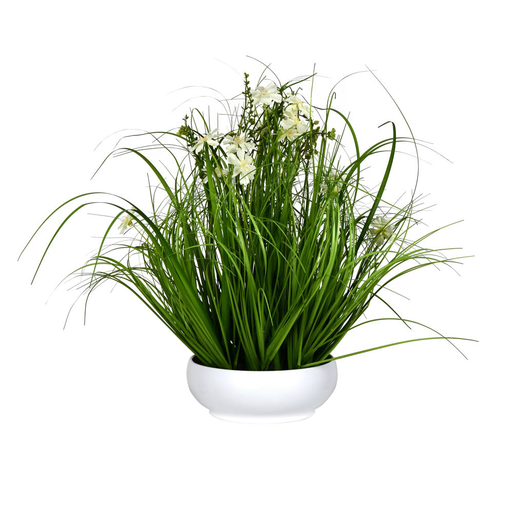 Vickerman 21" Artificial Potted Cream Cosmos and Green Grass.