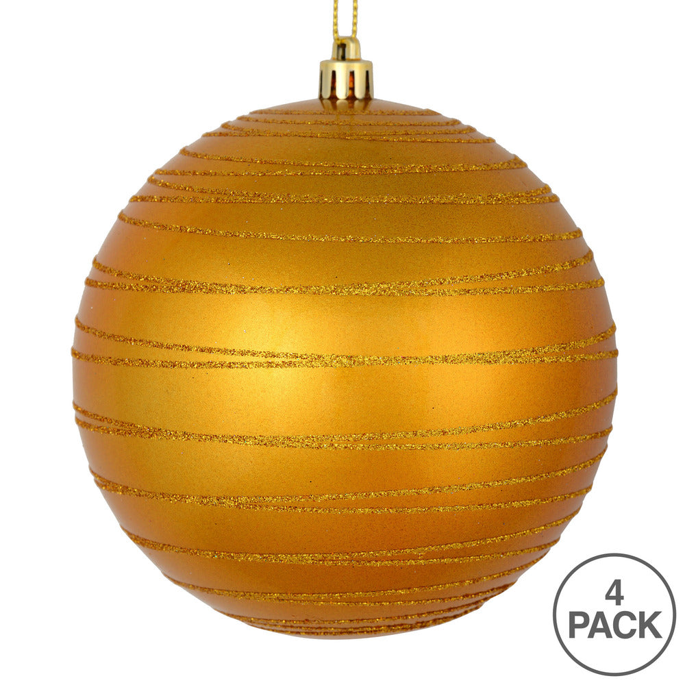 Vickerman 4" Antique Gold Candy Finish Ball Ornament with Glitter Lines 4 per Bag