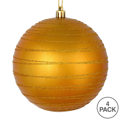 Vickerman 4" Antique Gold Candy Finish Ball Ornament with Glitter Lines 4 per Bag