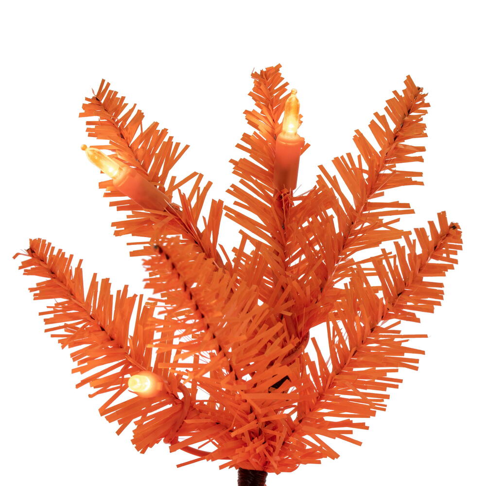 Vickerman 7.5' x 32" Orange Pencil Artificial Pre-Lit Christmas Tree with 450 Dura-Lit® Orange LED Mini Lights. It measures 90 inches tall, and 28 inches wide, which is considered a pencil profile. This tree boasts 965 tips for a realistic look. Pre-lit w