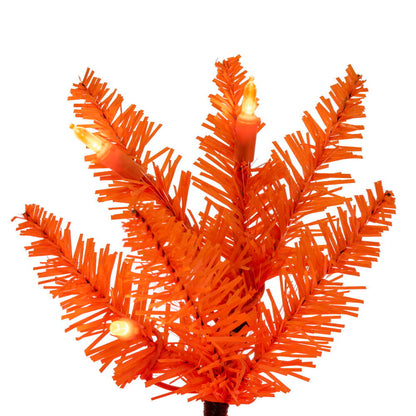 Vickerman 7.5' x 32" Orange Pencil Artificial Pre-Lit Christmas Tree with 450 Dura-Lit® Orange LED Mini Lights. It measures 90 inches tall, and 28 inches wide, which is considered a pencil profile. This tree boasts 965 tips for a realistic look. Pre-lit w