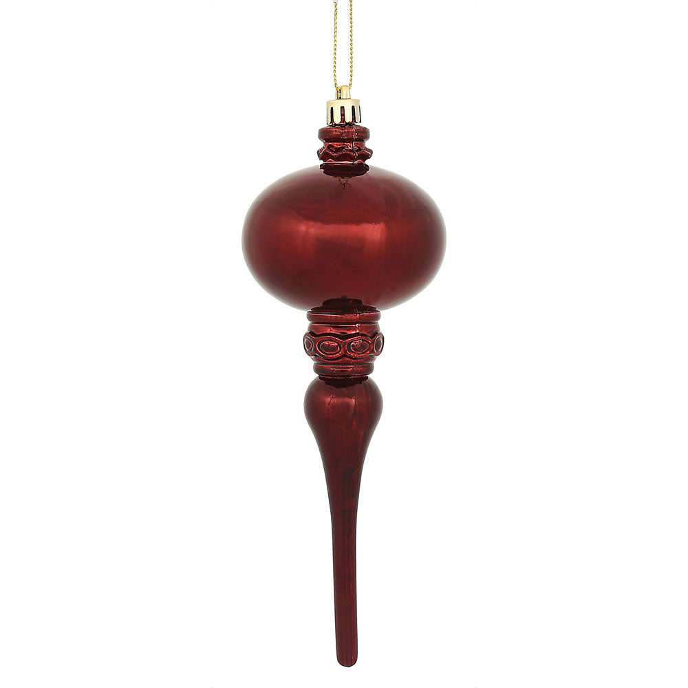 8" x 2.75" Burgundy Shiny Finial Ornament with drilled and wired caps. Comes 3 per Bag.