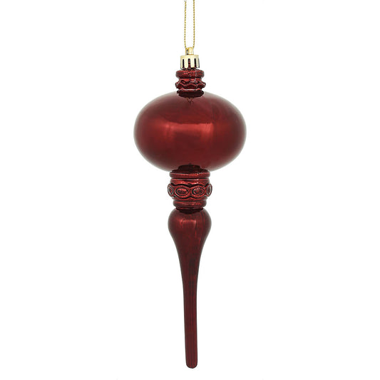 8" x 2.75" Burgundy Shiny Finial Ornament with drilled and wired caps. Comes 3 per Bag.