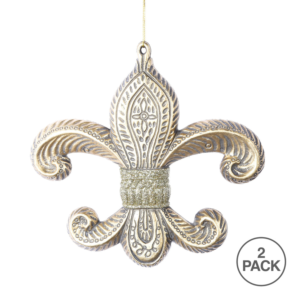Vickerman 7.3" Champagne Antique Fleur-de-lis Christmas Ornament Pack of 2