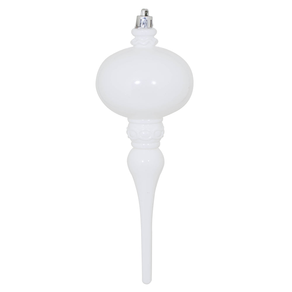 8" x 2.75" White Shiny Finial Ornament with drilled and wired caps. Comes 3 per Bag.