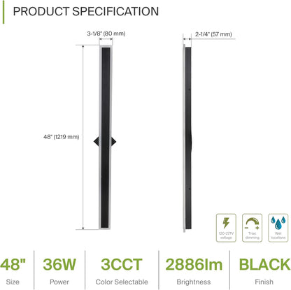 ASD Lighting LED Outdoor Wall Sconce Narrow design 48" 36W 120-277V CCT Selectable 3000/4000/5000K Dimmable Black ETL