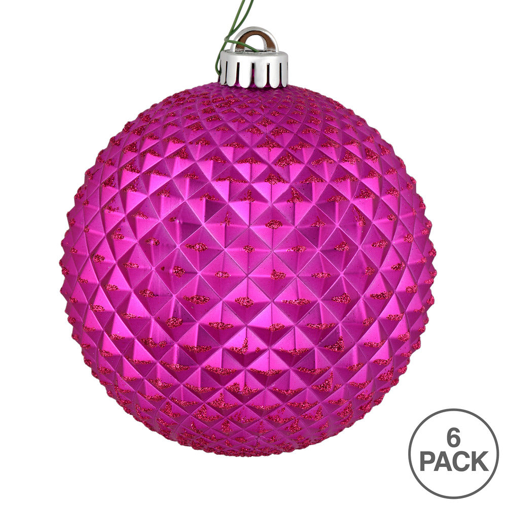 Vickerman 4" Fuchsia Durian Glitter Ball Ornament 6 per Bag