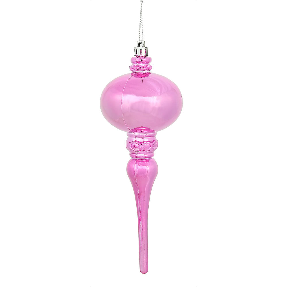 Vickerman 8" x 2.75" Pink Shiny Finial Ornament with drilled and wired caps. Comes 3 per Bag.