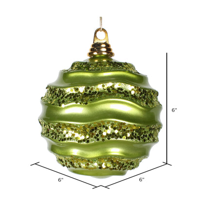 Vickerman 6" Lime Stripe Candy Finish Wave Ball Christmas Ornament with matching Glitter Accents