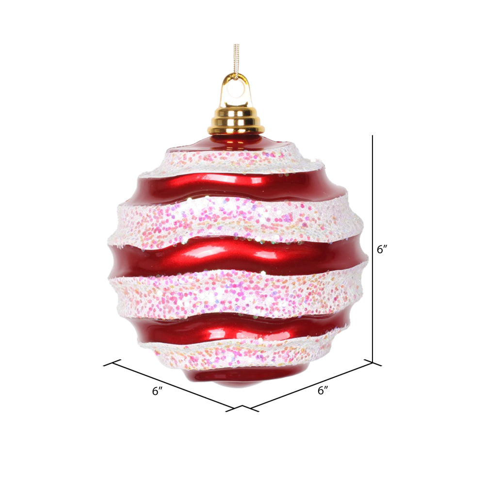 Vickerman 6" Red and White Stripe Candy Finish Wave Ball Christmas Ornament with Glitter Accents