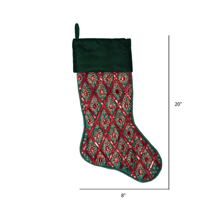Vickerman 20" Green/Red Sequin Pattern Christmas Stocking.